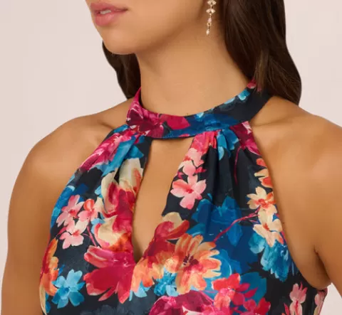 Adrianna Papell Floral Printed Halter Mermaid Gown With Ruffle Details In Navy Multi NAVYMULTI Sale