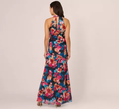 Adrianna Papell Floral Printed Halter Mermaid Gown With Ruffle Details In Navy Multi NAVYMULTI Sale