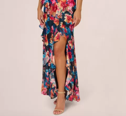 Adrianna Papell Floral Printed Halter Mermaid Gown With Ruffle Details In Navy Multi NAVYMULTI Sale