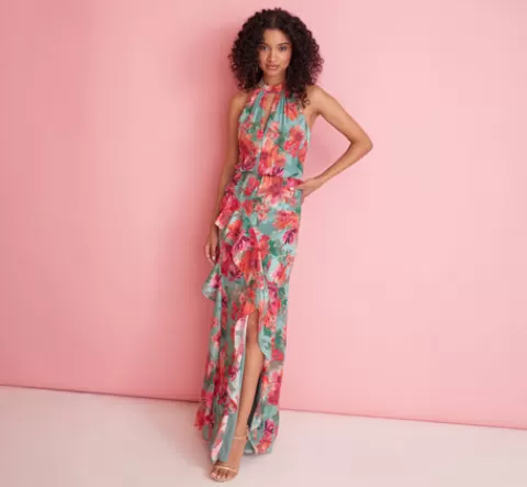 Adrianna Papell Floral Printed Halter Mermaid Gown With Ruffle Details In Turquoise Multi TURQUOISEMULTI Sale