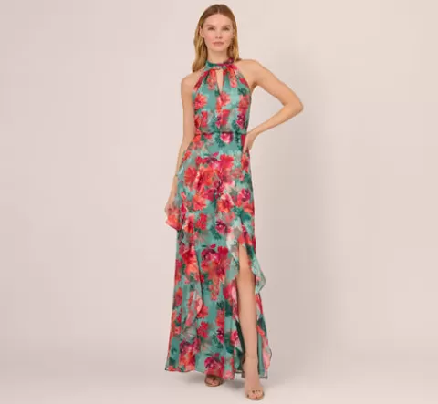 Adrianna Papell Floral Printed Halter Mermaid Gown With Ruffle Details In Turquoise Multi TURQUOISEMULTI Sale