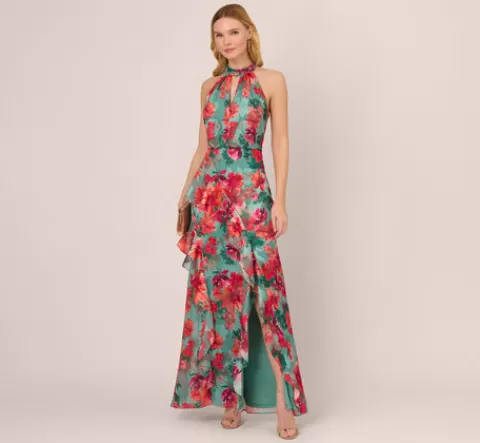 Adrianna Papell Floral Printed Halter Mermaid Gown With Ruffle Details In Turquoise Multi TURQUOISEMULTI Sale