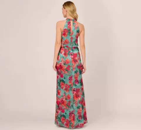 Adrianna Papell Floral Printed Halter Mermaid Gown With Ruffle Details In Turquoise Multi TURQUOISEMULTI Sale