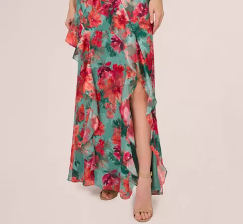Adrianna Papell Floral Printed Halter Mermaid Gown With Ruffle Details In Turquoise Multi TURQUOISEMULTI Sale