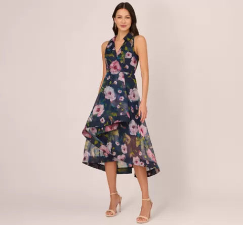 Adrianna Papell Floral Printed High Low Organza Halter Dress In Navy Multi NAVY-MULTI Cheap