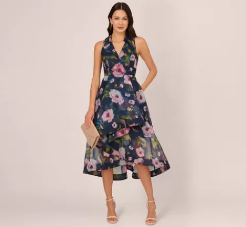 Adrianna Papell Floral Printed High Low Organza Halter Dress In Navy Multi NAVY-MULTI Cheap