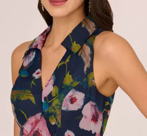 Adrianna Papell Floral Printed High Low Organza Halter Dress In Navy Multi NAVY-MULTI Cheap