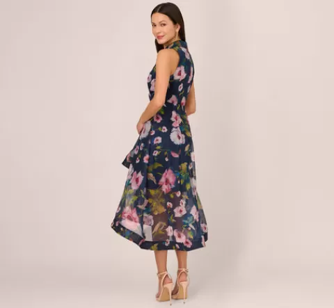 Adrianna Papell Floral Printed High Low Organza Halter Dress In Navy Multi NAVY-MULTI Cheap