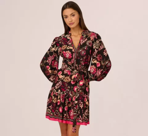 Adrianna Papell Floral Printed V Neck Button Front Dress With Long Sleeves In Black Multi BLACKMULTI Flash Sale