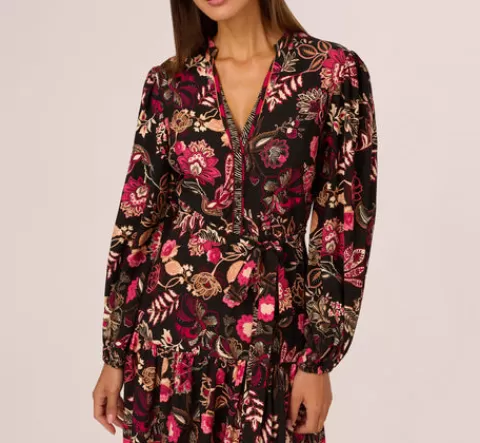 Adrianna Papell Floral Printed V Neck Button Front Dress With Long Sleeves In Black Multi BLACKMULTI Flash Sale