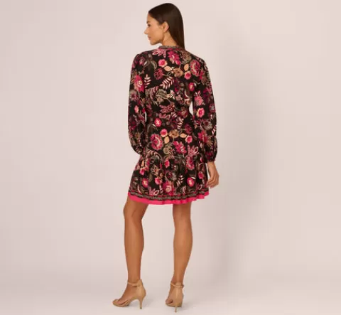 Adrianna Papell Floral Printed V Neck Button Front Dress With Long Sleeves In Black Multi BLACKMULTI Flash Sale
