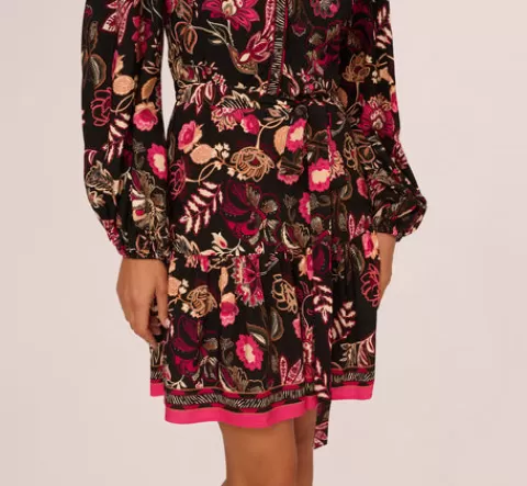Adrianna Papell Floral Printed V Neck Button Front Dress With Long Sleeves In Black Multi BLACKMULTI Flash Sale