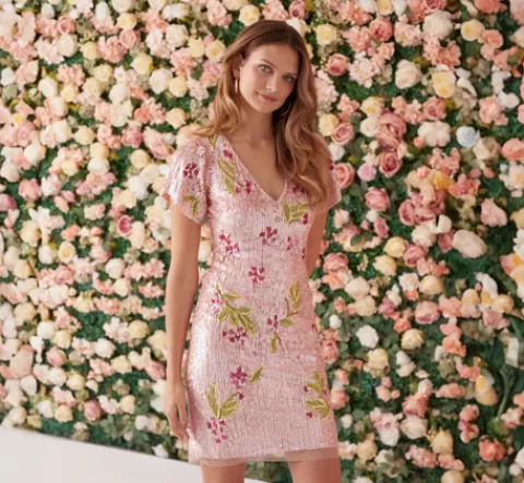 Adrianna Papell Floral Sequin Beaded Dress With Split Flutter Sleeves In Blush Multi BLUSHMULTI Shop