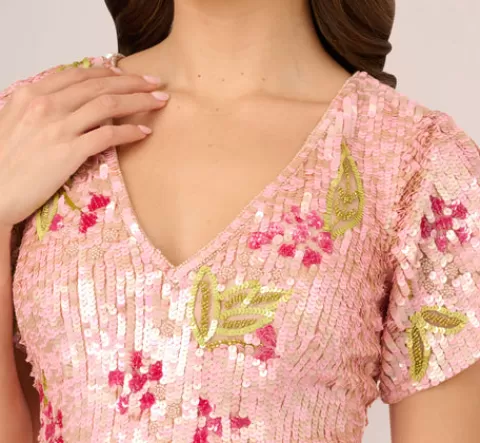 Adrianna Papell Floral Sequin Beaded Dress With Split Flutter Sleeves In Blush Multi BLUSHMULTI Shop