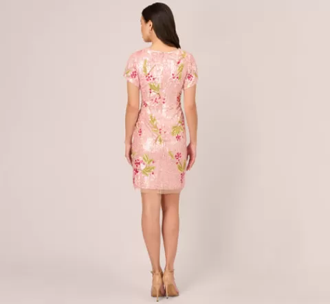 Adrianna Papell Floral Sequin Beaded Dress With Split Flutter Sleeves In Blush Multi BLUSHMULTI Shop