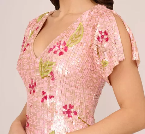 Adrianna Papell Floral Sequin Beaded Dress With Split Flutter Sleeves In Blush Multi BLUSHMULTI Shop