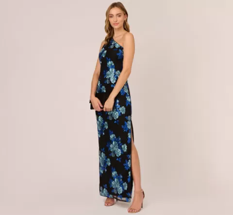 Adrianna Papell Floral Sequin One Shoulder Column Gown In Black Blue Multi BLACK-BLUEMULTI Hot