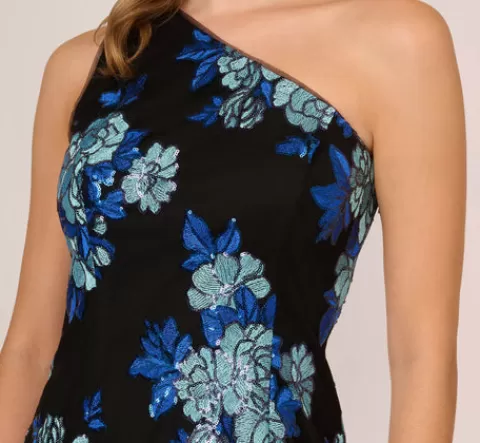 Adrianna Papell Floral Sequin One Shoulder Column Gown In Black Blue Multi BLACK-BLUEMULTI Hot