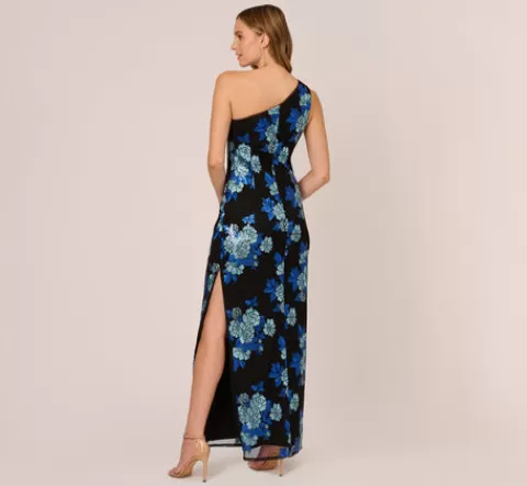 Adrianna Papell Floral Sequin One Shoulder Column Gown In Black Blue Multi BLACK-BLUEMULTI Hot