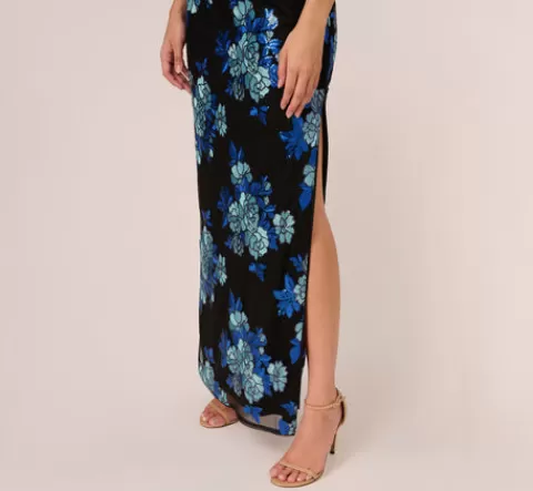 Adrianna Papell Floral Sequin One Shoulder Column Gown In Black Blue Multi BLACK-BLUEMULTI Hot