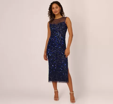 Adrianna Papell Floral Sequin Sleeveless Ankle Length Dress With Sheer Neckline In Light Navy LIGHTNAVY Shop