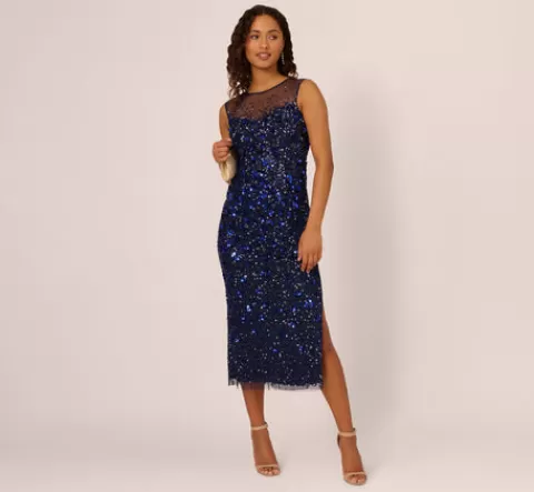 Adrianna Papell Floral Sequin Sleeveless Ankle Length Dress With Sheer Neckline In Light Navy LIGHTNAVY Shop