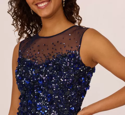 Adrianna Papell Floral Sequin Sleeveless Ankle Length Dress With Sheer Neckline In Light Navy LIGHTNAVY Shop