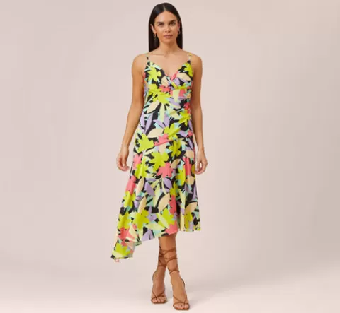 Adrianna Papell Floral-Print Asymmetrical Midi-Length Cocktail Dress In Coral Multi CORALMULTI Fashion
