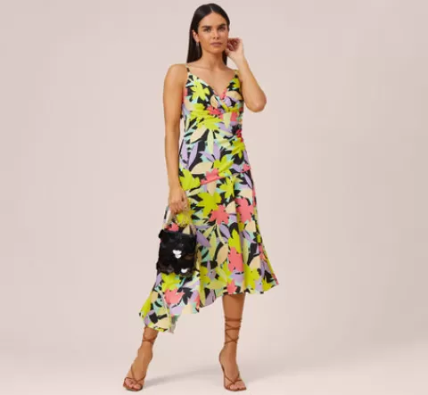 Adrianna Papell Floral-Print Asymmetrical Midi-Length Cocktail Dress In Coral Multi CORALMULTI Fashion