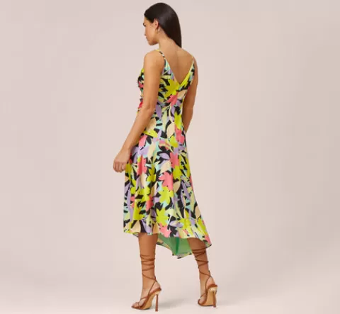 Adrianna Papell Floral-Print Asymmetrical Midi-Length Cocktail Dress In Coral Multi CORALMULTI Fashion