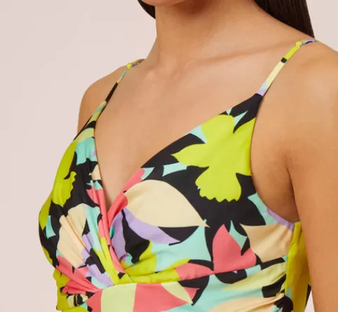 Adrianna Papell Floral-Print Asymmetrical Midi-Length Cocktail Dress In Coral Multi CORALMULTI Fashion