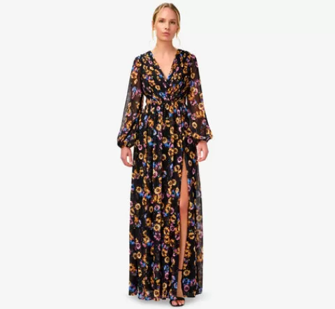 Adrianna Papell Floral-Print Pleated Chiffon Long A-Line Gown In Black Multi BLACKMULTI Flash Sale