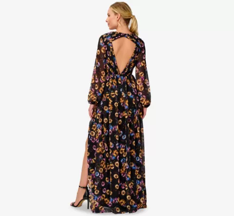 Adrianna Papell Floral-Print Pleated Chiffon Long A-Line Gown In Black Multi BLACKMULTI Flash Sale