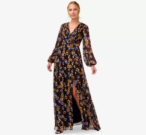 Adrianna Papell Floral-Print Pleated Chiffon Long A-Line Gown In Black Multi BLACKMULTI Flash Sale
