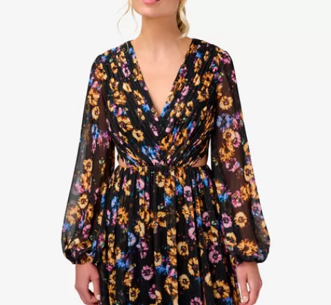 Adrianna Papell Floral-Print Pleated Chiffon Long A-Line Gown In Black Multi BLACKMULTI Flash Sale