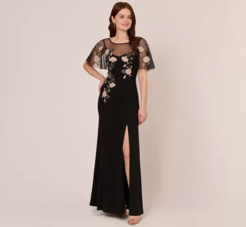 Adrianna Papell Flutter Sleeve Crepe Gown With Floral Sequin Beading In Black Blush Multi BLACKBLUSHMULTI Shop