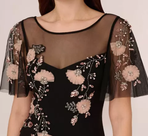 Adrianna Papell Flutter Sleeve Crepe Gown With Floral Sequin Beading In Black Blush Multi BLACKBLUSHMULTI Shop