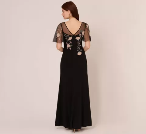 Adrianna Papell Flutter Sleeve Crepe Gown With Floral Sequin Beading In Black Blush Multi BLACKBLUSHMULTI Shop