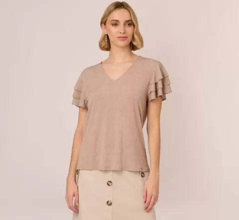 Adrianna Papell Flutter Sleeve Top With V Neckline In Cocoa Ivory Micro Dot COCOA-IVORYMICRODOT Flash Sale