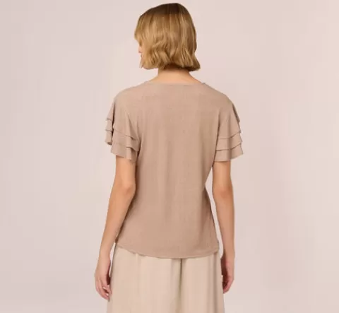 Adrianna Papell Flutter Sleeve Top With V Neckline In Cocoa Ivory Micro Dot COCOA-IVORYMICRODOT Flash Sale