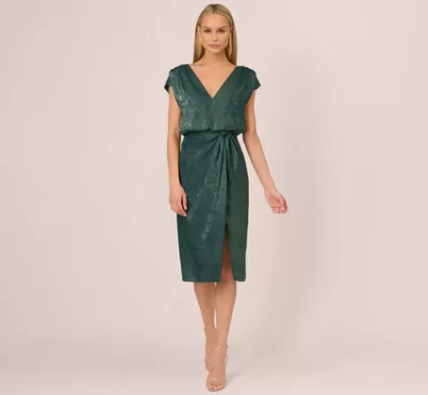 Adrianna Papell Foil Blouson Midi Dress With Faux Wrap Skirt In Dark Ivy DARKIVY Cheap