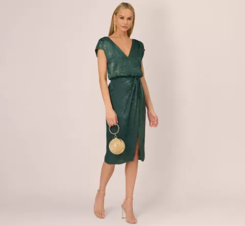 Adrianna Papell Foil Blouson Midi Dress With Faux Wrap Skirt In Dark Ivy DARKIVY Cheap