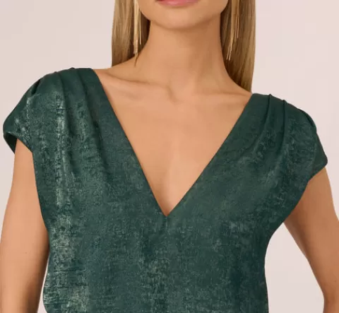Adrianna Papell Foil Blouson Midi Dress With Faux Wrap Skirt In Dark Ivy DARKIVY Cheap