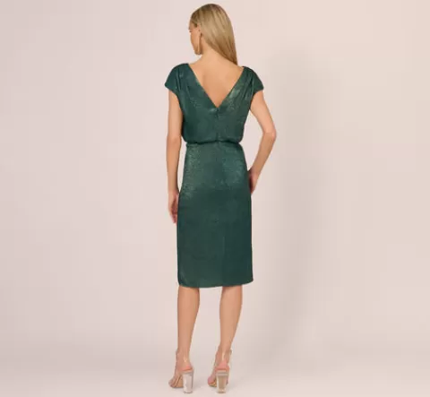 Adrianna Papell Foil Blouson Midi Dress With Faux Wrap Skirt In Dark Ivy DARKIVY Cheap