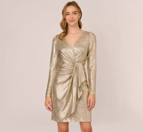 Adrianna Papell Foil Knit Faux Wrap Dress With Long Sleeves In Light Gold LIGHTGOLD Cheap
