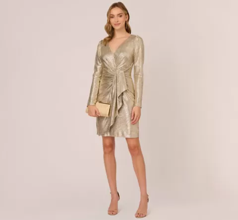Adrianna Papell Foil Knit Faux Wrap Dress With Long Sleeves In Light Gold LIGHTGOLD Cheap