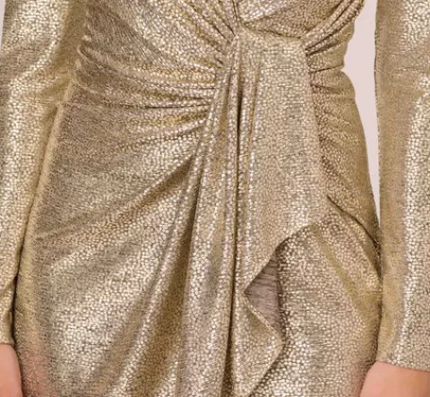 Adrianna Papell Foil Knit Faux Wrap Dress With Long Sleeves In Light Gold LIGHTGOLD Cheap