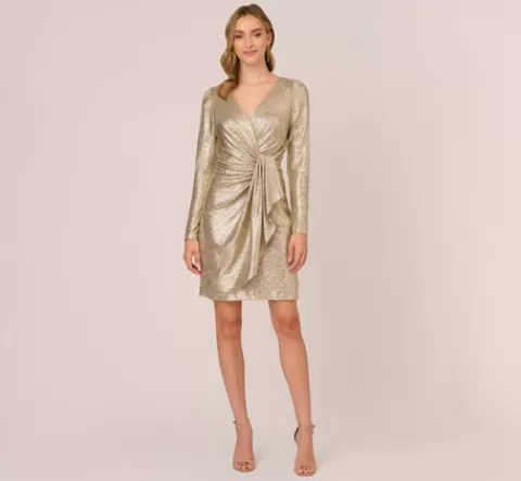 Adrianna Papell Foil Knit Faux Wrap Dress With Long Sleeves In Light Gold LIGHTGOLD Cheap