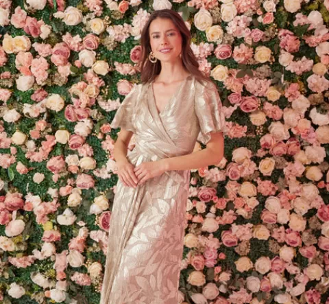 Adrianna Papell Foil Leaf Short Sleeve Gown With Draped Details In Champagne Gold CHAMPAGNE-GOLD Online