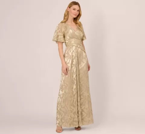 Adrianna Papell Foil Leaf Short Sleeve Gown With Draped Details In Champagne Gold CHAMPAGNE-GOLD Online
